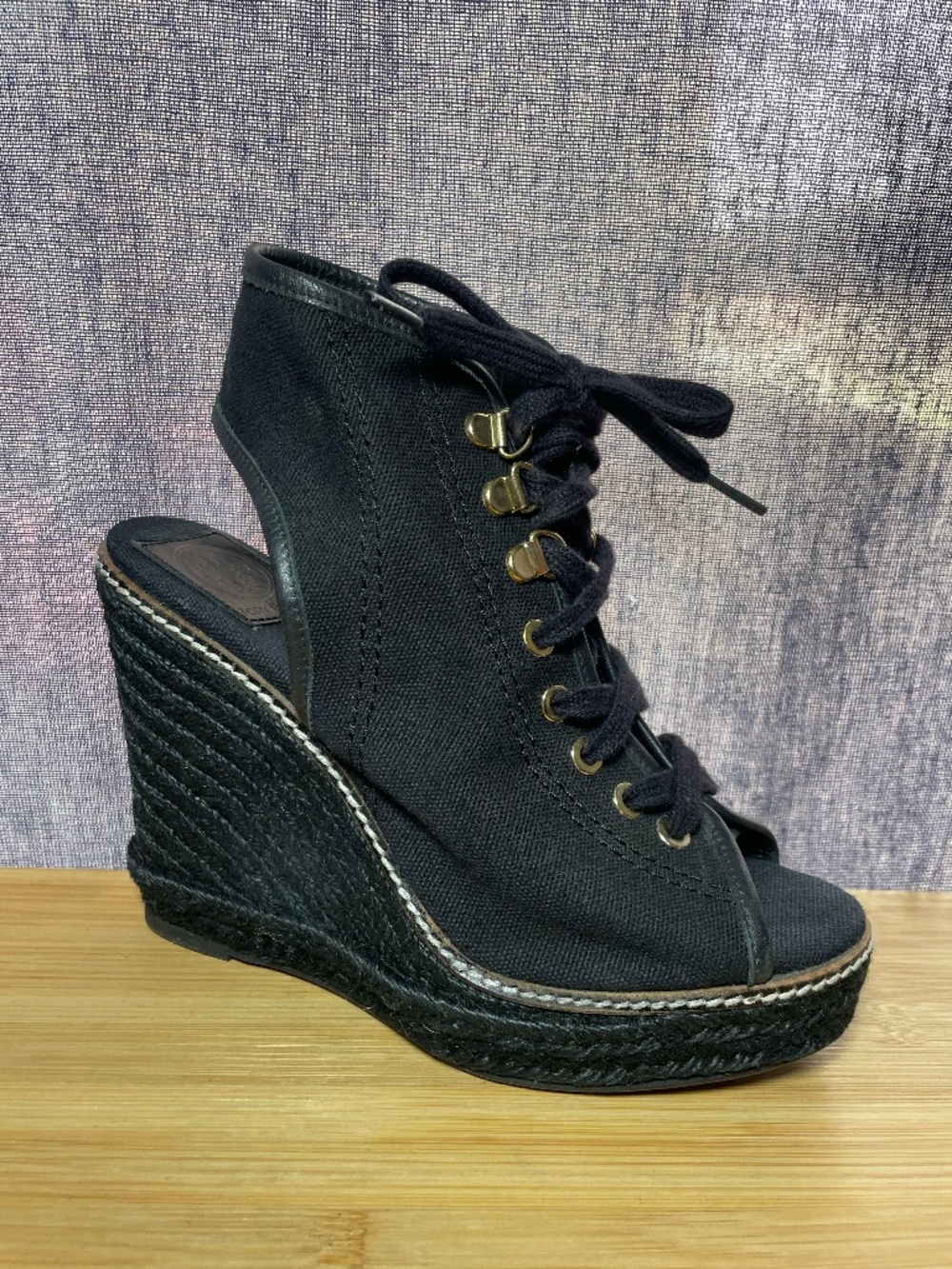 Tory Burch Peep Toe Lace Up Espadrille Wedge Sandals 7B Black Canvas Shoes 4" +